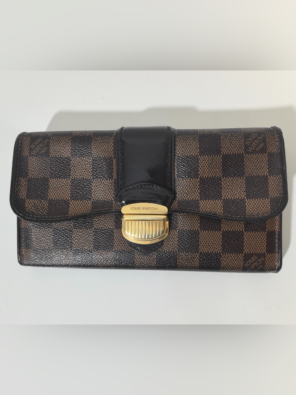 Louis Vuitton Brown Damier Ebene Wallet with Black Trim and Gold Hardware